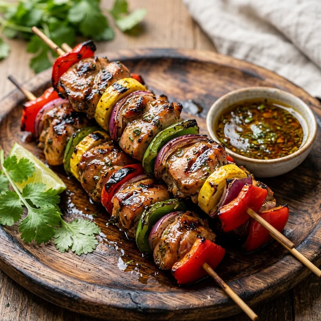 Delicious grilled chicken kabobs skewered with colorful vegetables