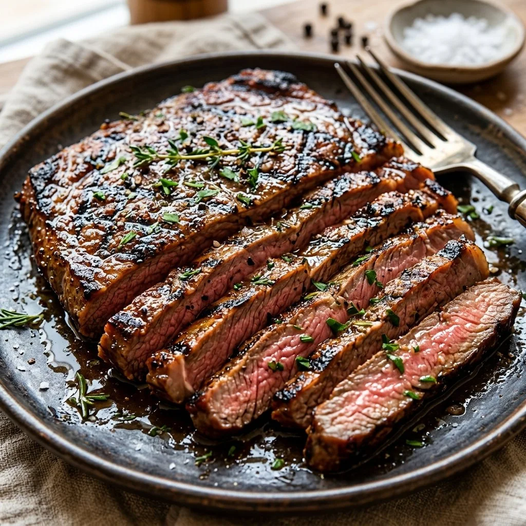 Grilled flank steak on a plate garnished with herbs and spices.