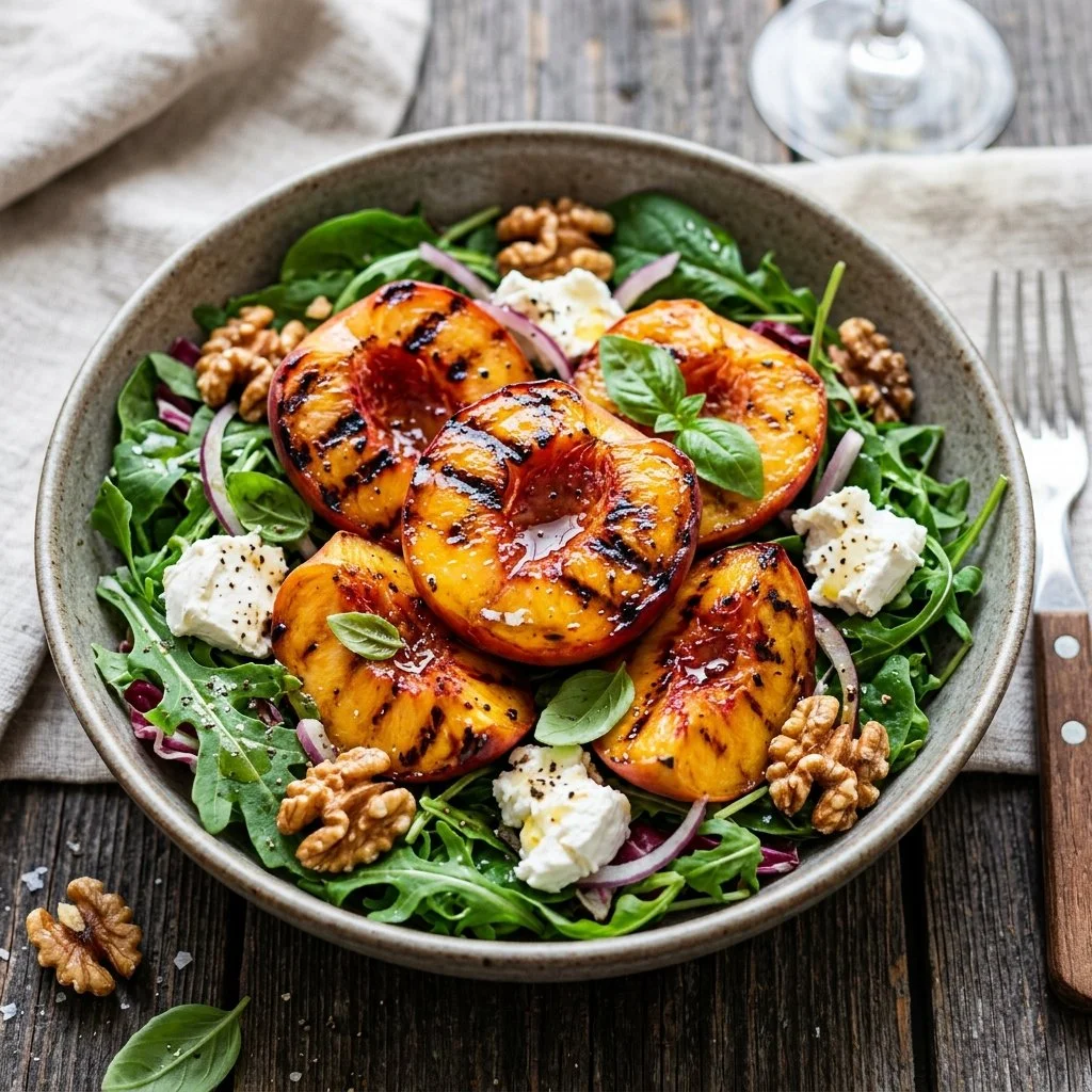 Delicious grilled peach salad topped with greens and vinaigrette.