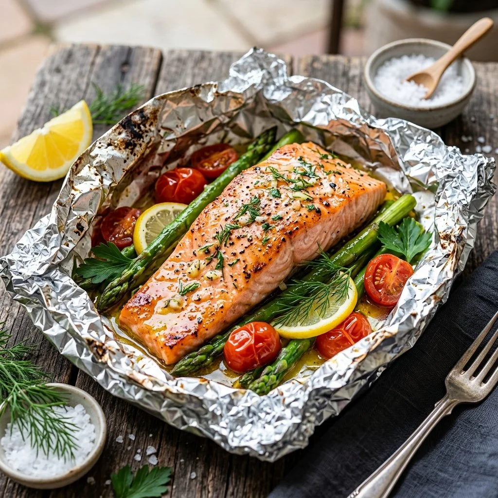 Grilled salmon foil packets with vegetables on a picnic table