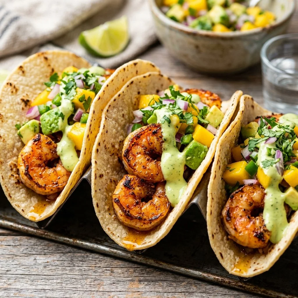 Delicious grilled shrimp tacos with fresh vegetables and spicy sauce.