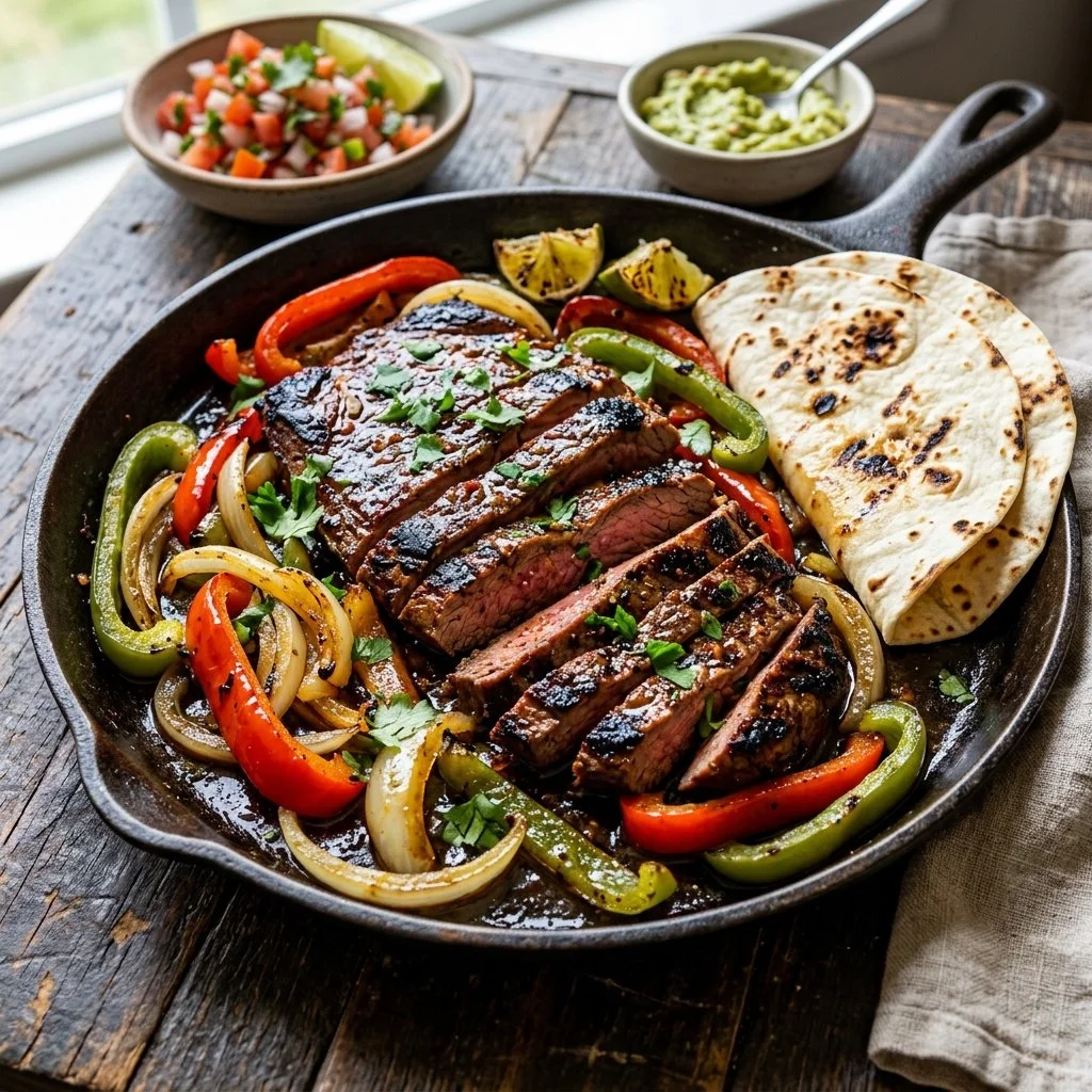 Delicious grilled steak fajitas served with colorful peppers and onions