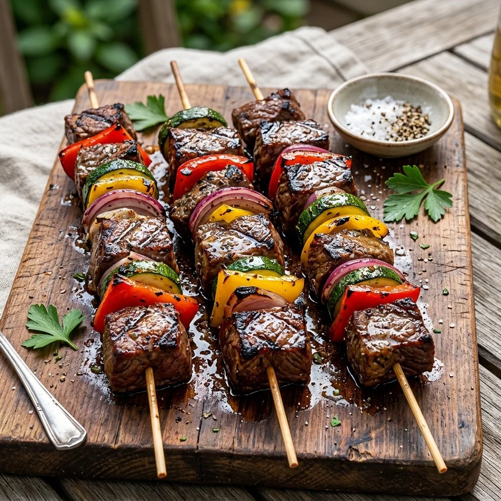 Grilled steak kabobs on a skewer with colorful vegetables