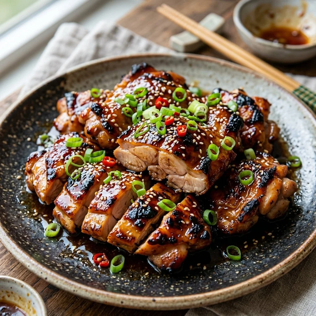Delicious grilled teriyaki chicken on a serving plate with garnish