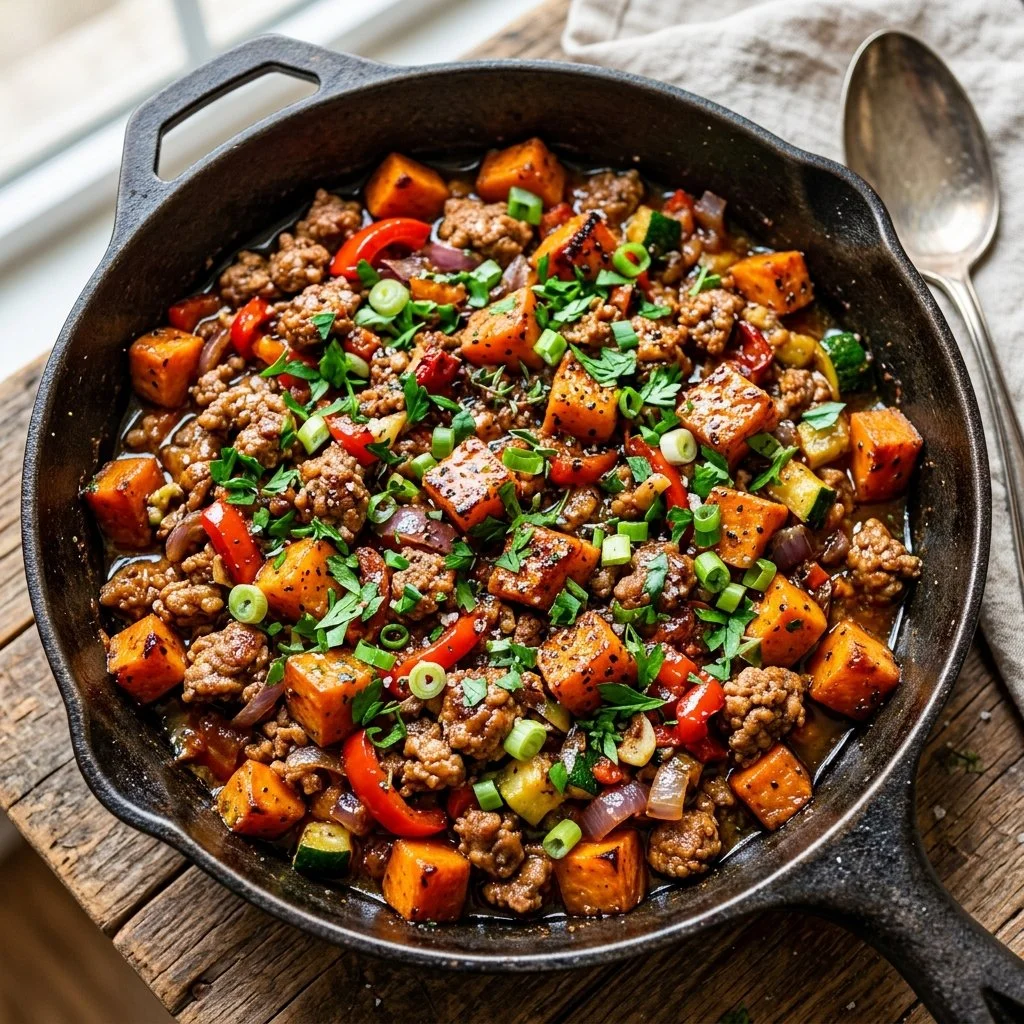 Ground Turkey Sweet Potato Skillet with veggies in a pan