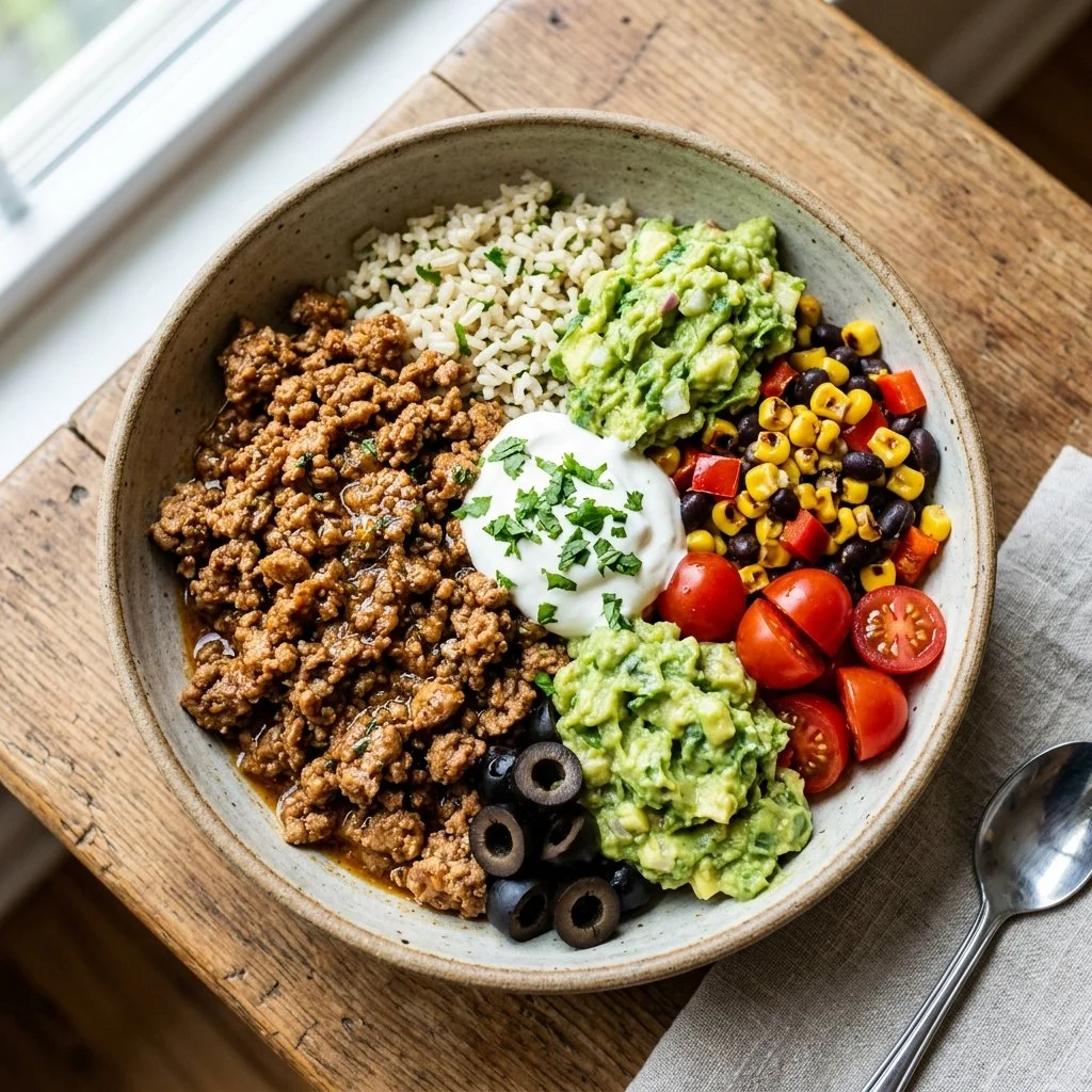 Ground turkey taco bowl with fresh toppings and ingredients