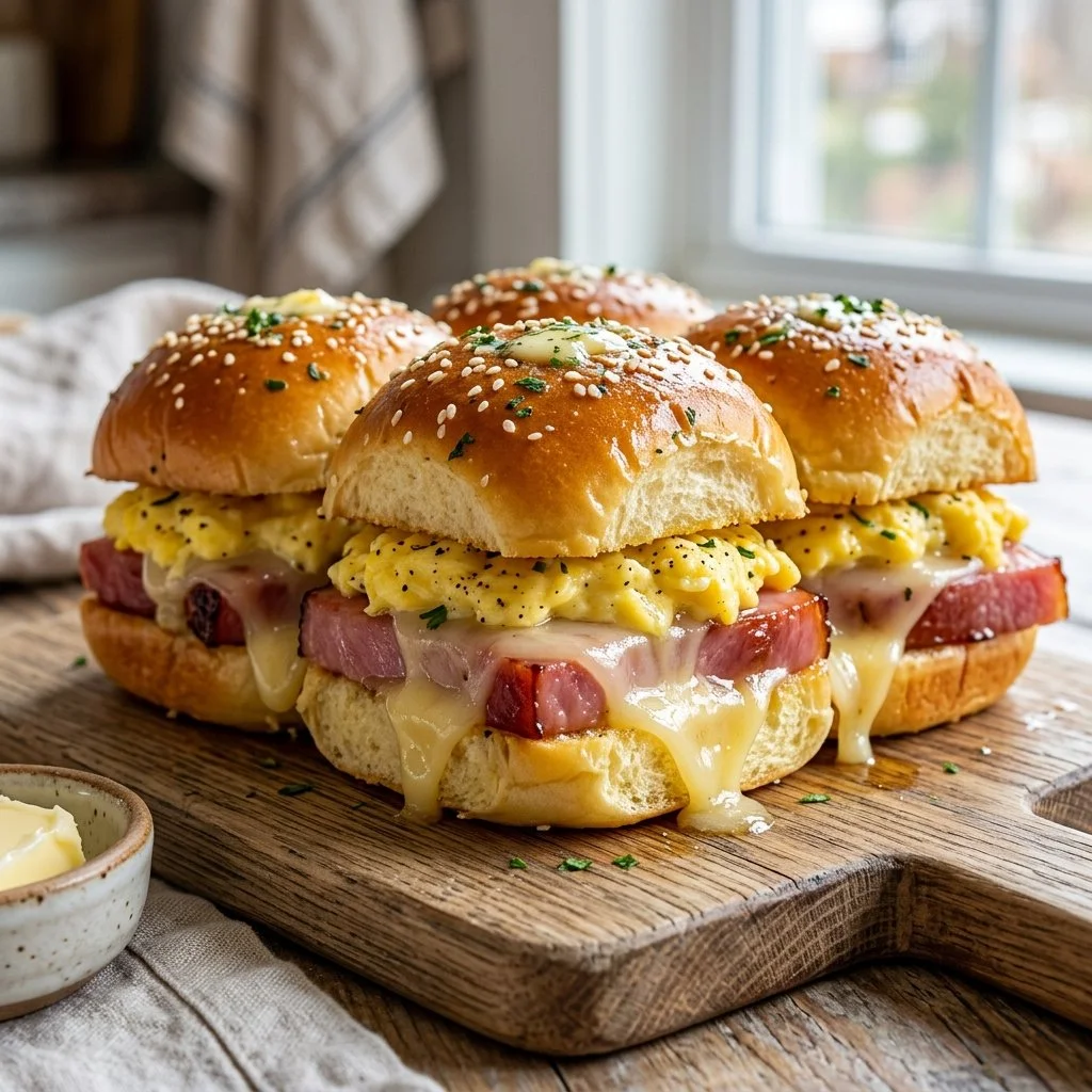 Ham and cheese breakfast sliders served on a platter