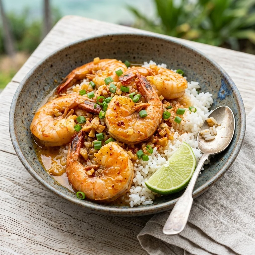 Delicious Hawaiian garlic shrimp served with rice and fresh herbs.