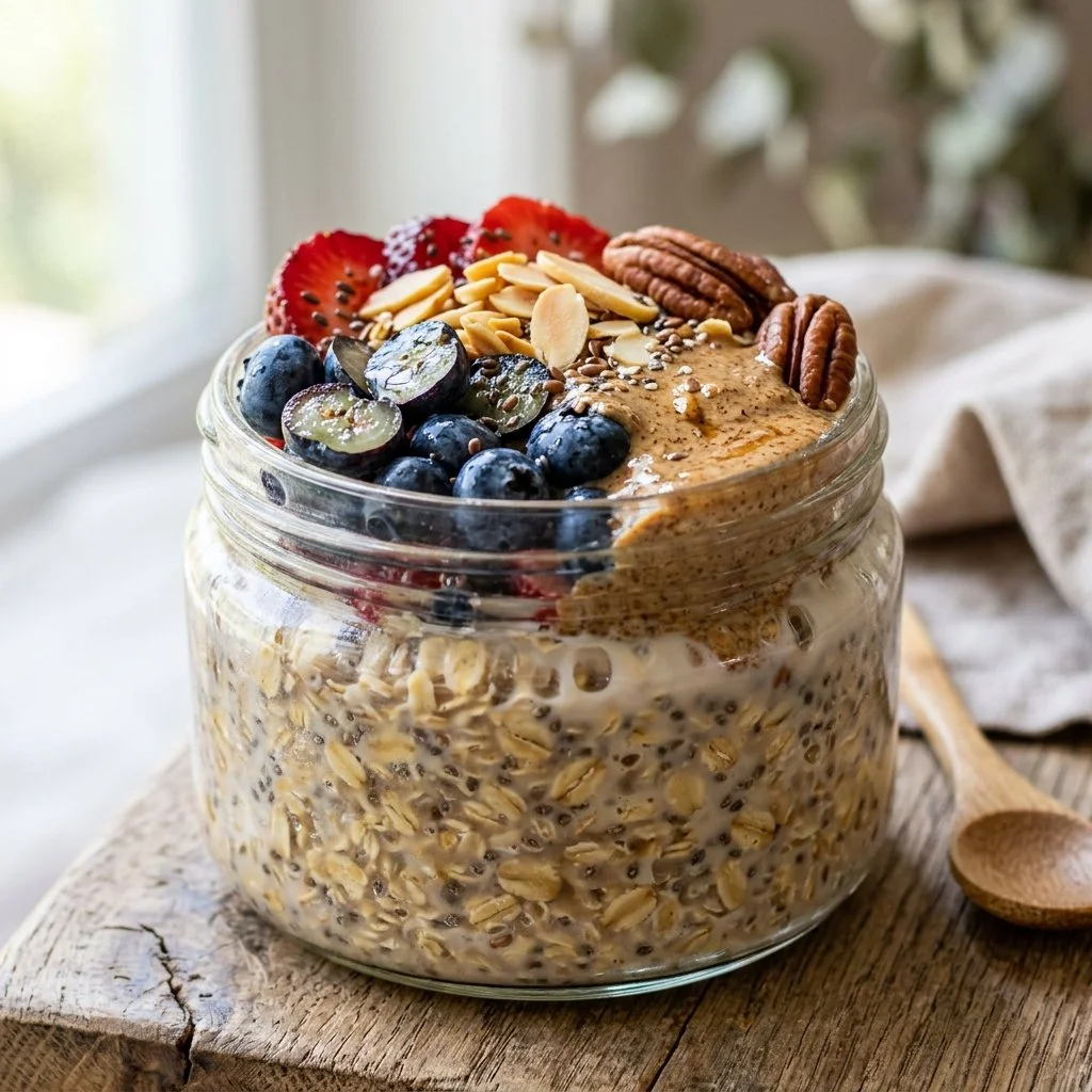 A bowl of healthy overnight oats topped with fresh fruits and nuts