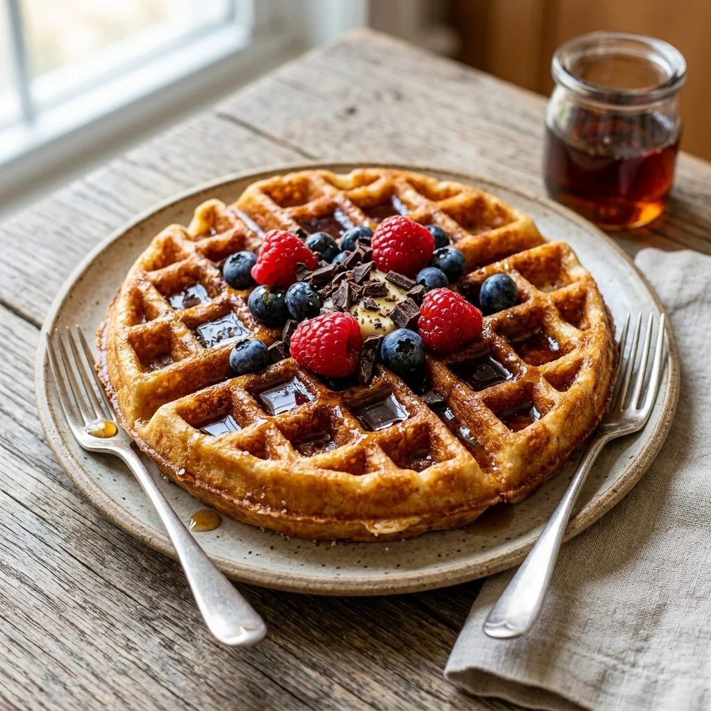 Delicious homemade Belgian waffles served with syrup and fruit.