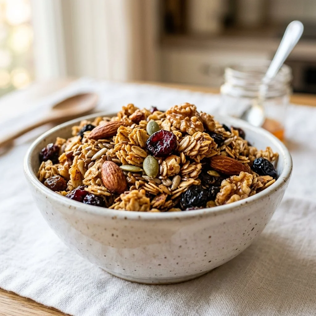 Bowl of homemade granola with nuts and dried fruits