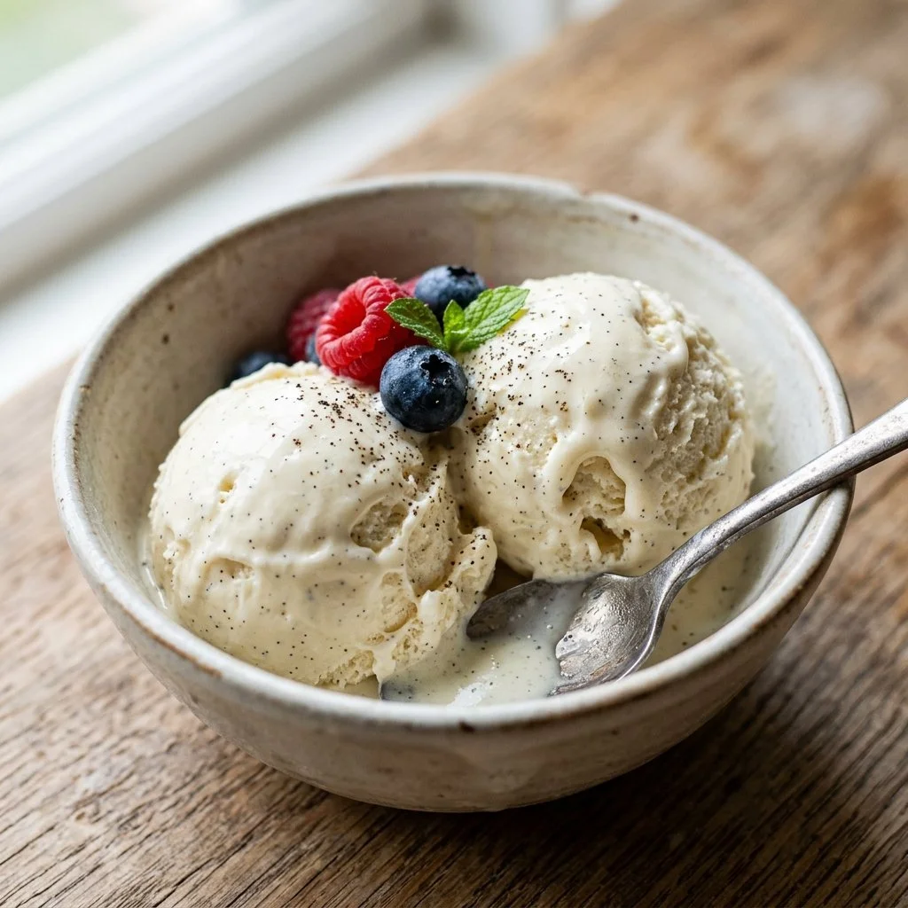Delicious homemade ice cream served in a bowl with fresh toppings