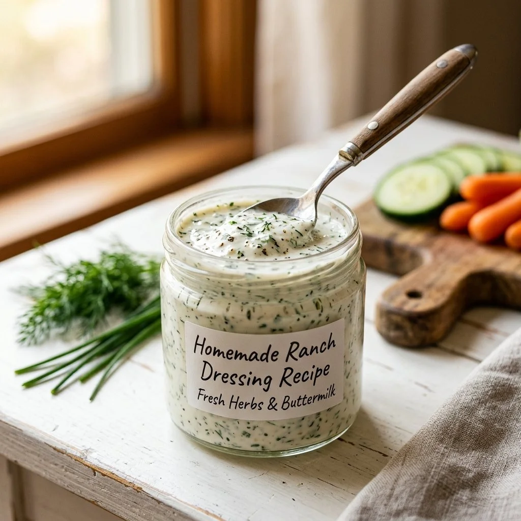 Homemade ranch dressing recipe with fresh herbs and spices in a bowl.