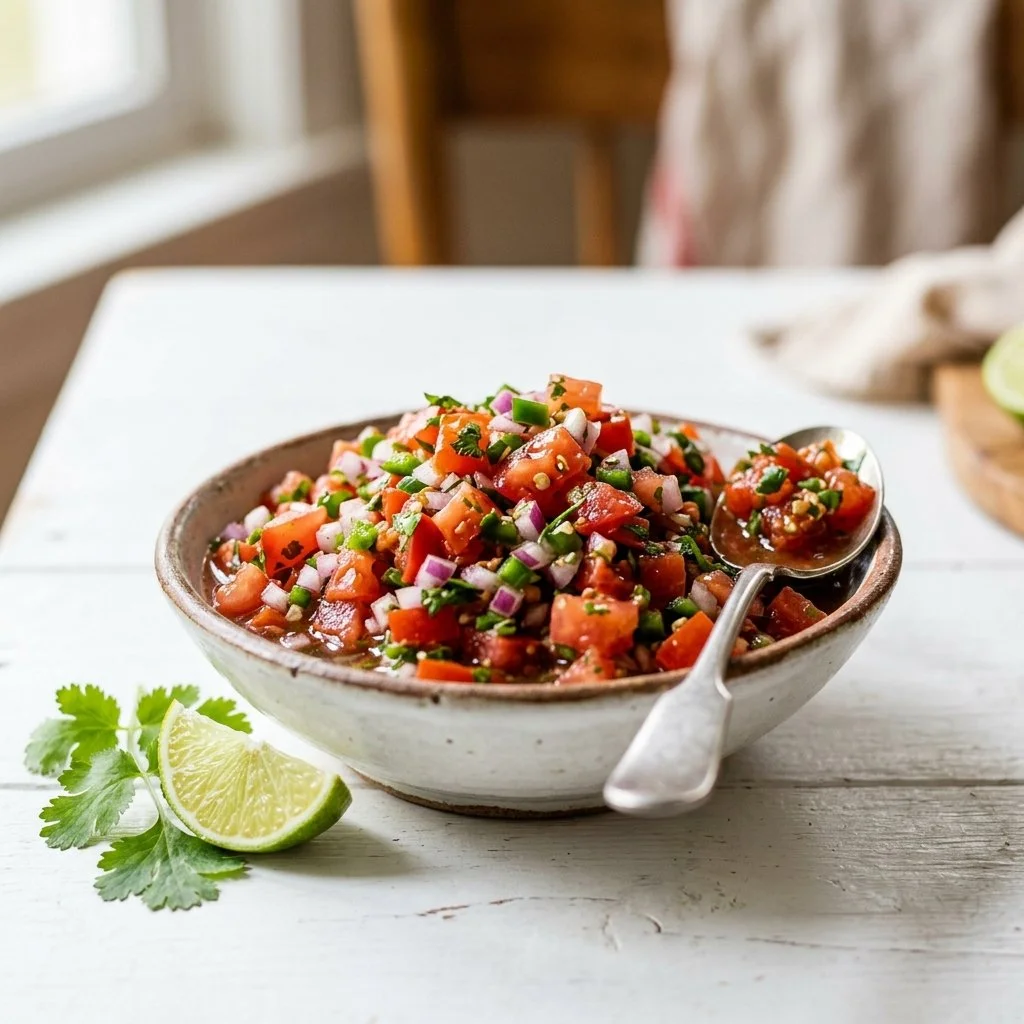 Bowl of homemade salsa made with fresh tomatoes, onions, and spices.