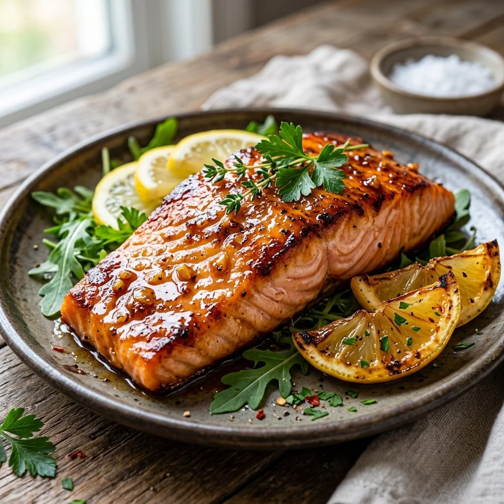 Delicious honey garlic salmon fillet garnished with herbs.