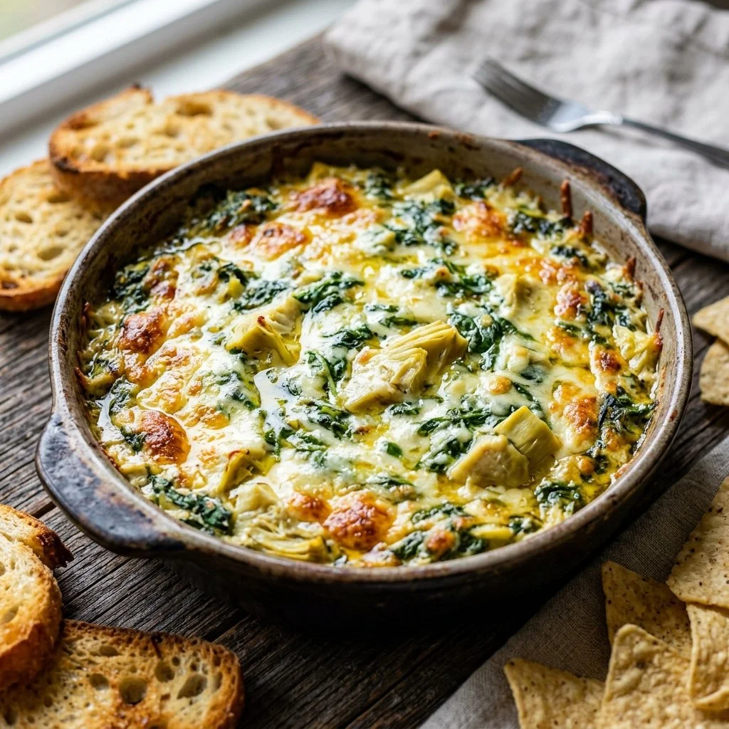 Delicious hot spinach artichoke dip served with crispy chips