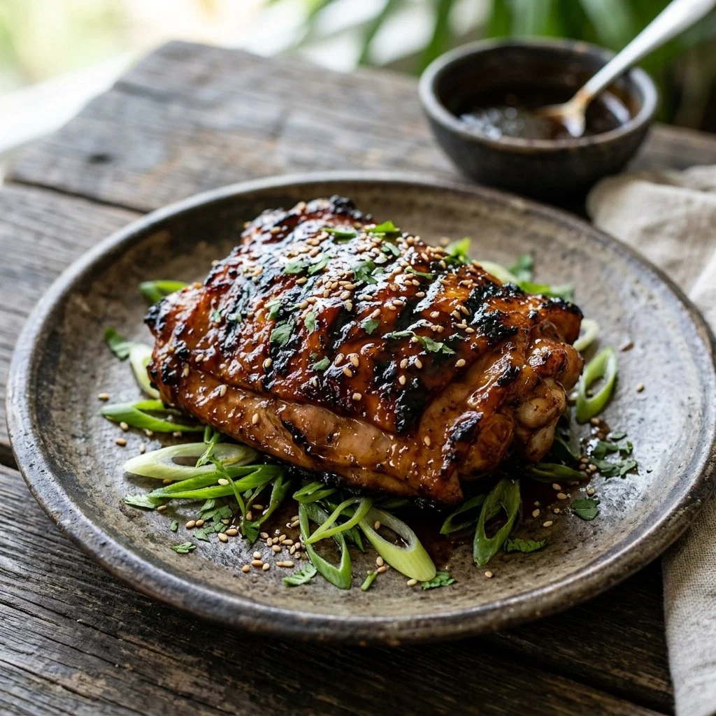 Delicious Huli Huli Chicken served with pineapple and green onions on a plate