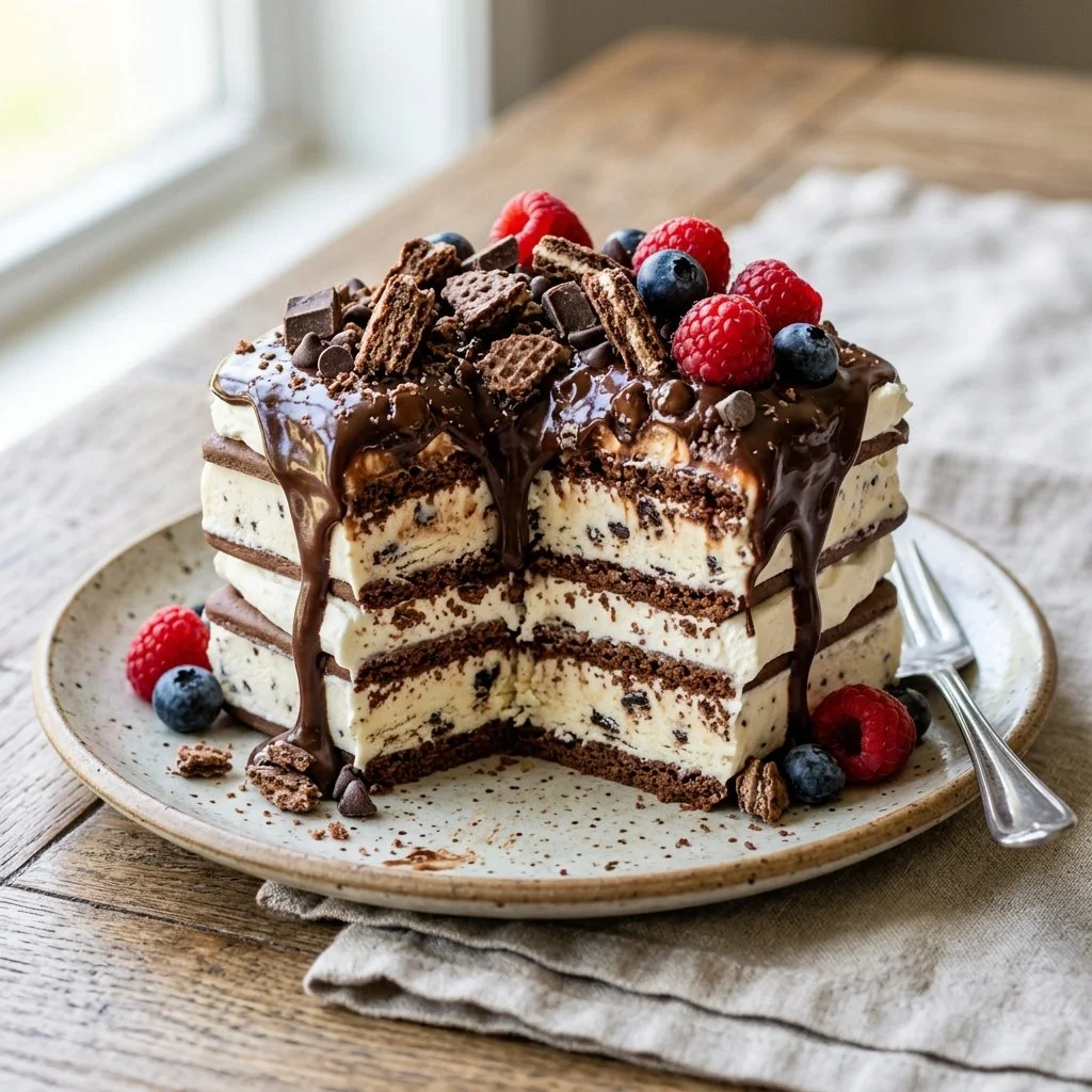 Delicious Ice Cream Sandwich Cake layered with chocolate and whipped cream