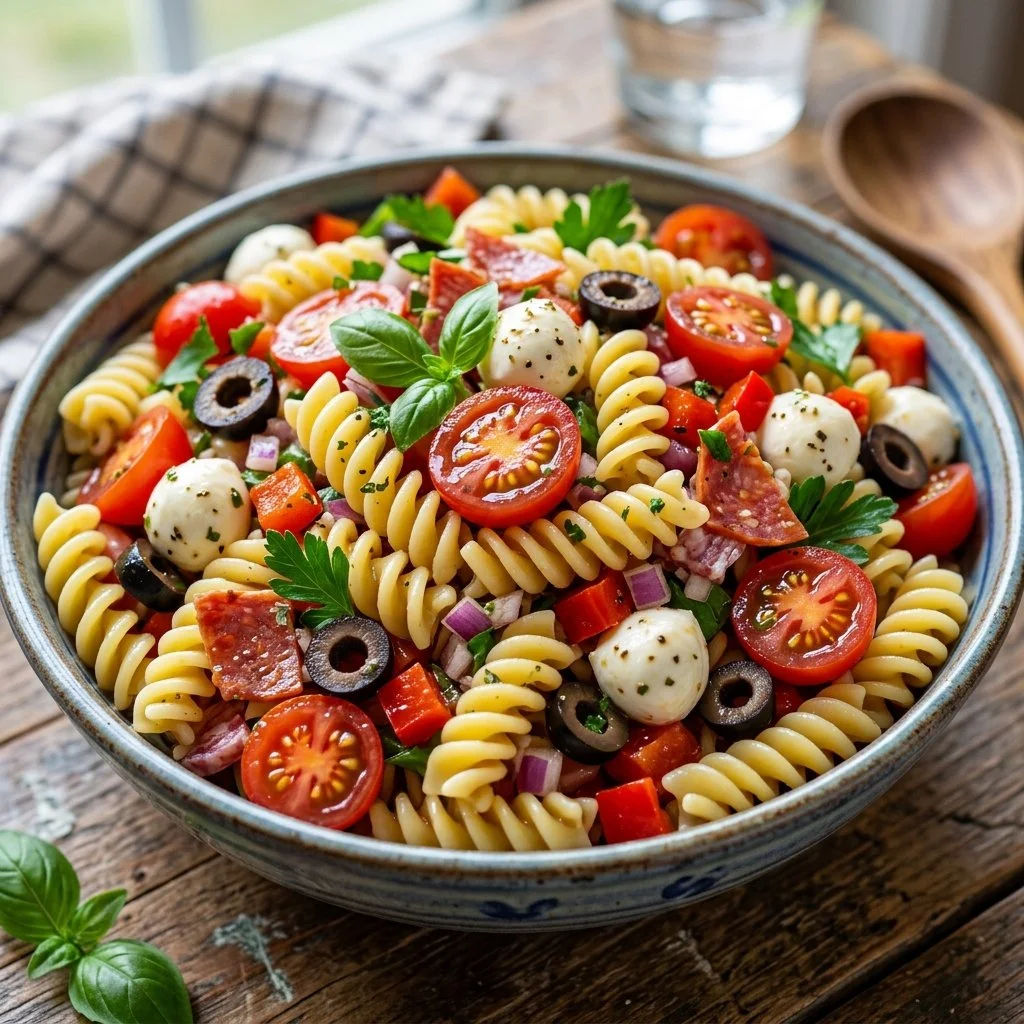 Colorful Italian Pasta Salad with fresh vegetables and dressing on a plate