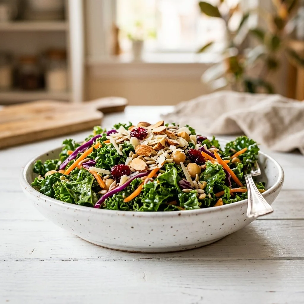 A vibrant Kale Salad with fresh vegetables and dressing, showcasing healthy ingredients.