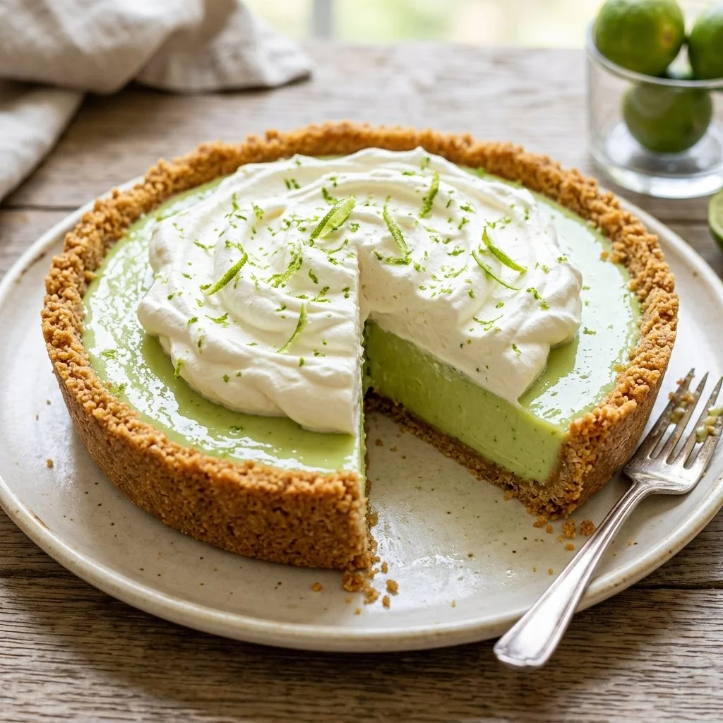 Delicious slice of key lime pie with whipped cream garnish and lime slices