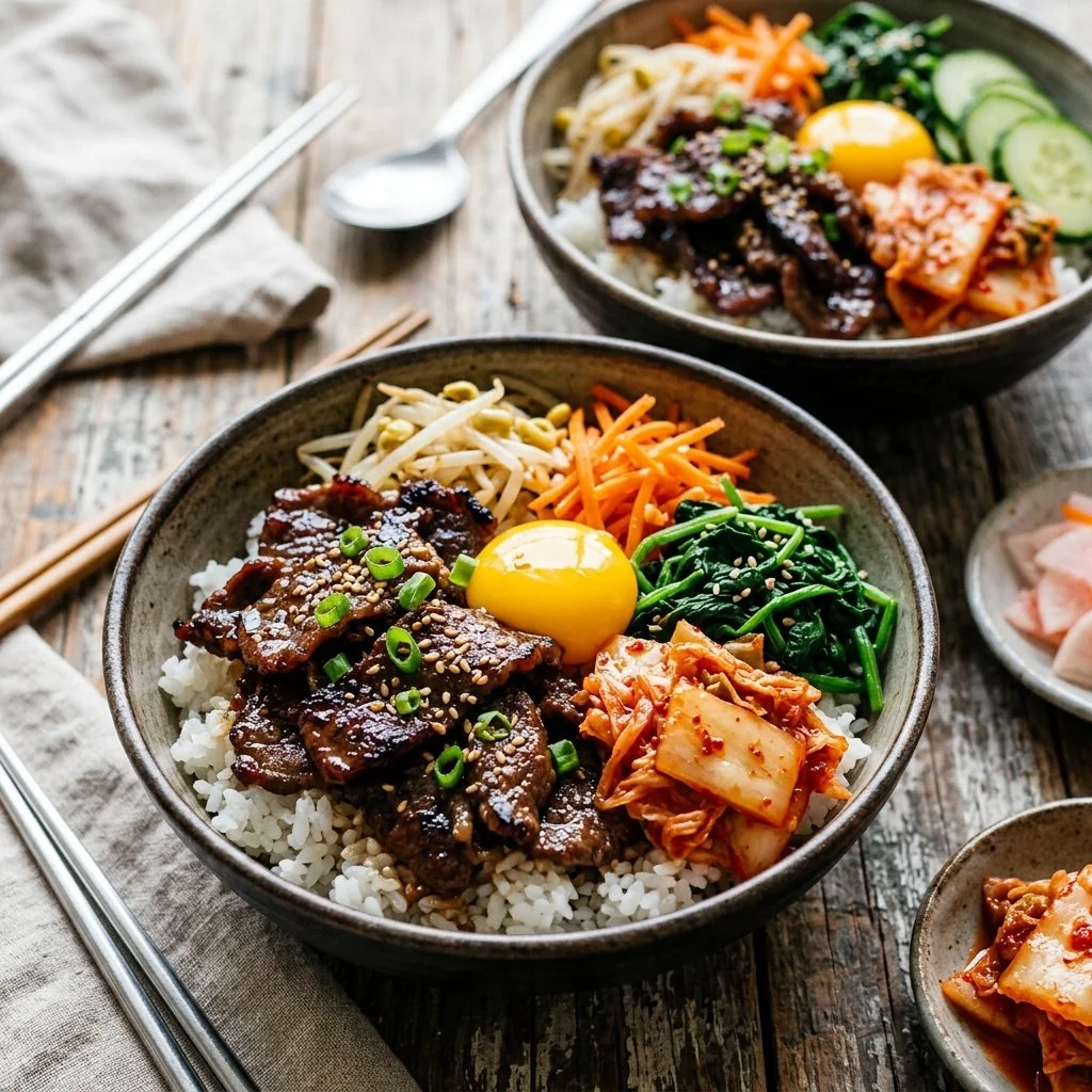 Delicious Korean beef bowls garnished with vegetables and sesame seeds