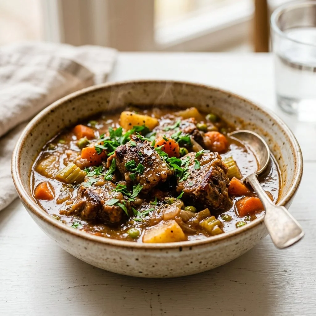A hearty bowl of lamb stew topped with fresh herbs and vegetables.