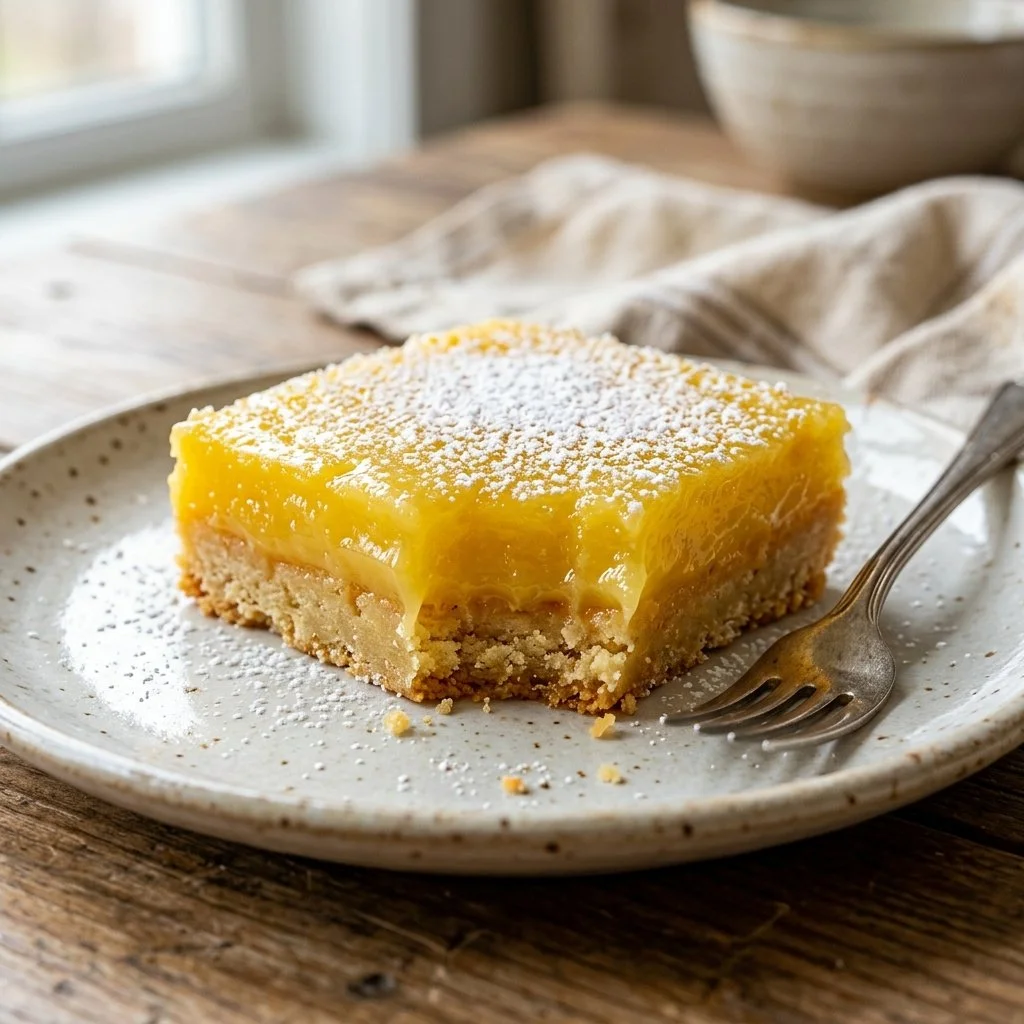 Delicious homemade lemon bars topped with powdered sugar.