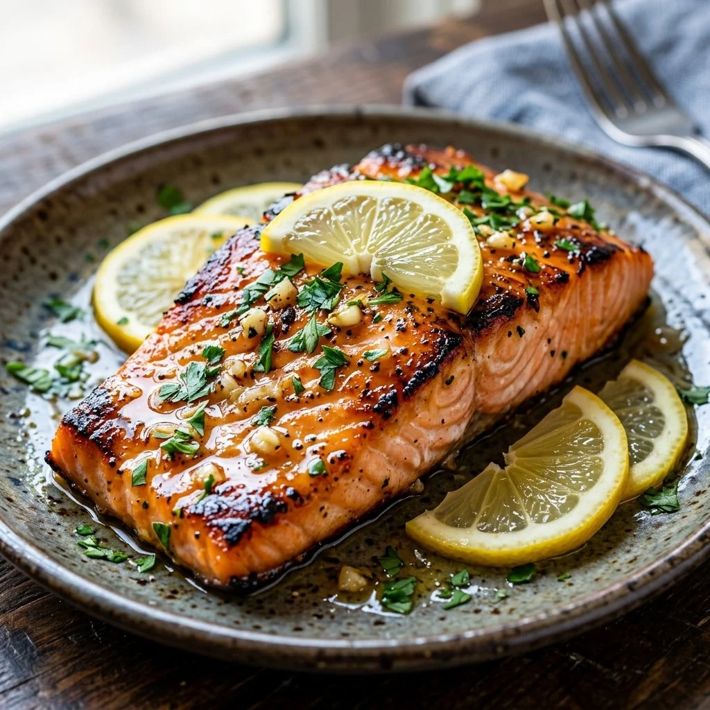 Delicious Lemon Garlic Salmon fillets garnished with herbs and lemon slices.