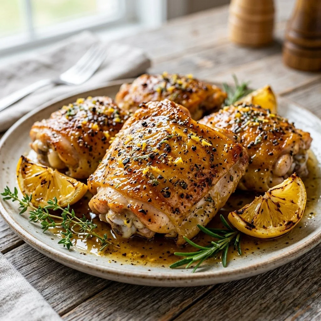 Juicy lemon pepper chicken garnished with herbs on a plate