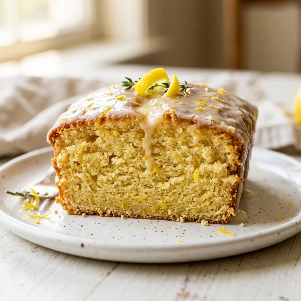 Homemade Lemon Pound Cake with a zesty lemon glaze on a wooden table