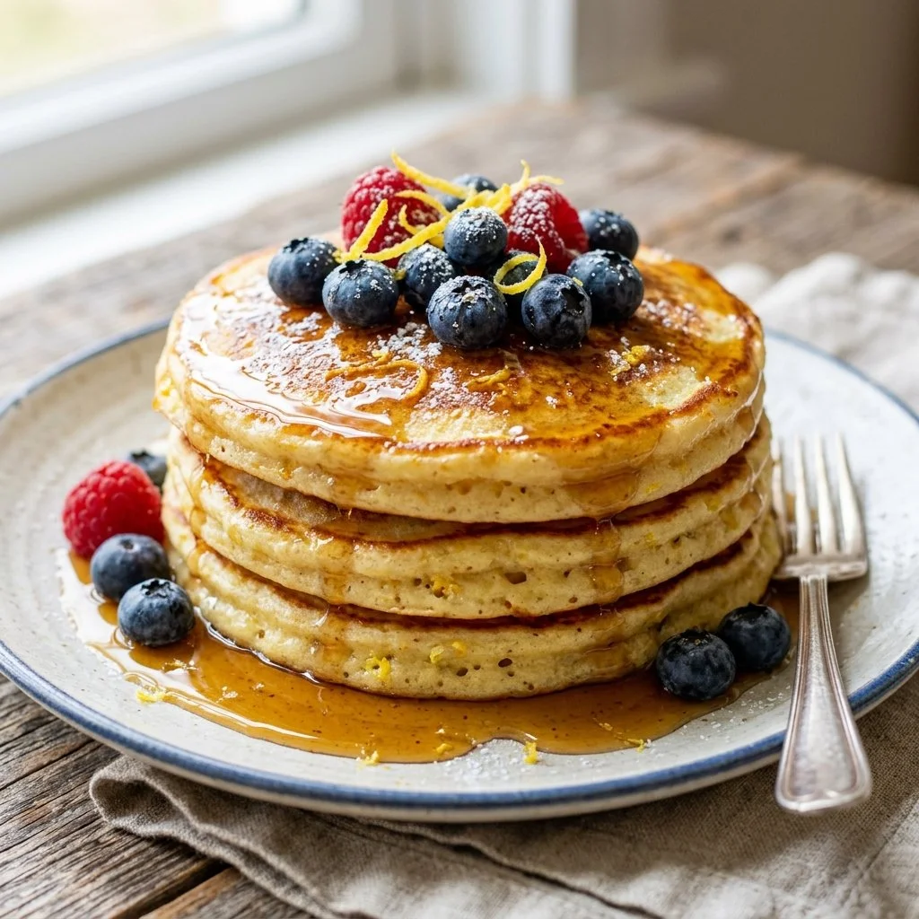 Fluffy lemon ricotta pancakes stacked on a plate with fresh lemon slices