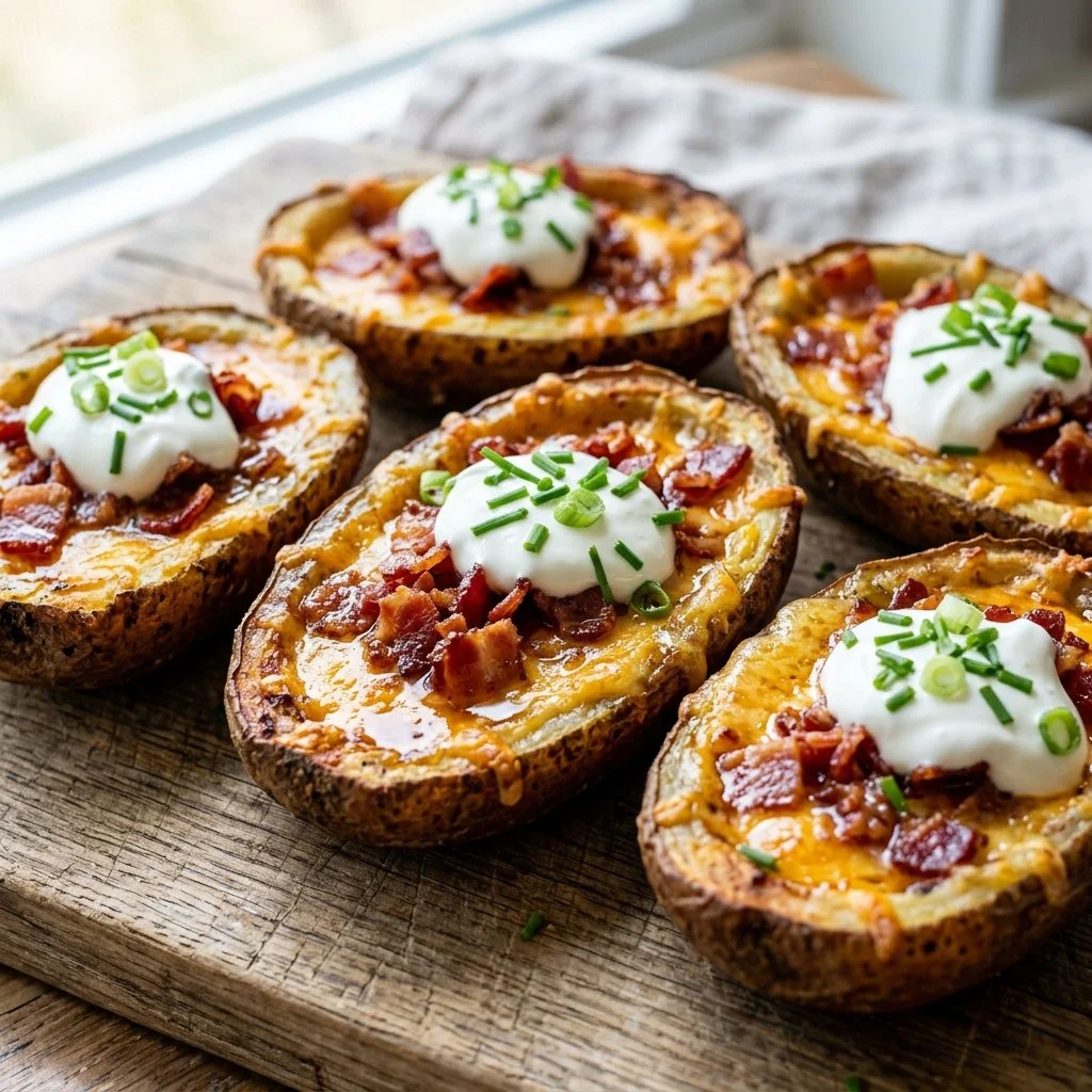 Delicious loaded potato skins topped with cheese, bacon, and sour cream