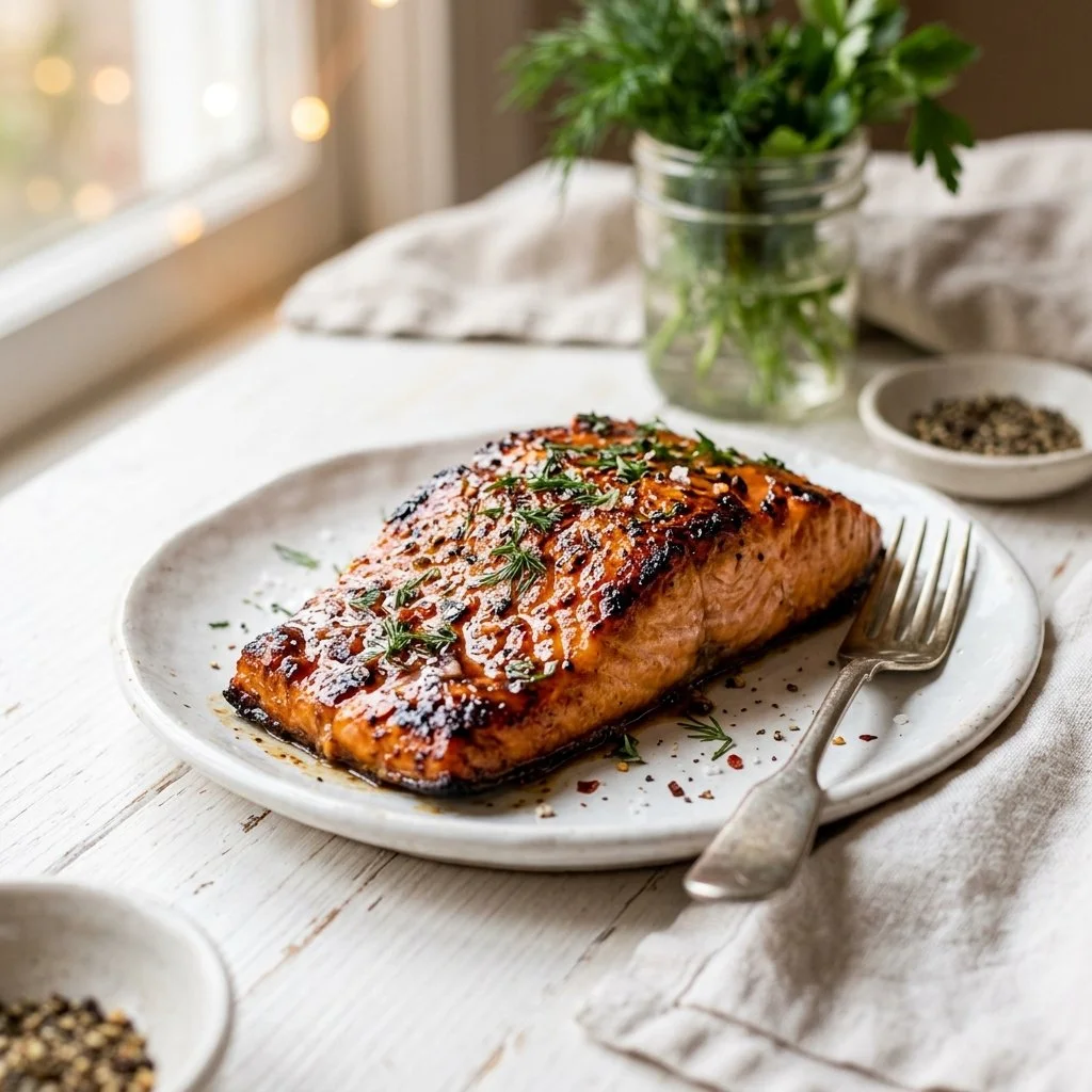 Delicious maple glazed salmon served with fresh herbs and lemon.