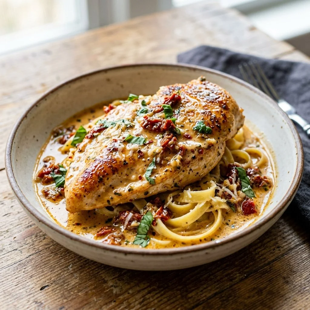 Delicious Marry Me Chicken served on a plate with herbs and cheese