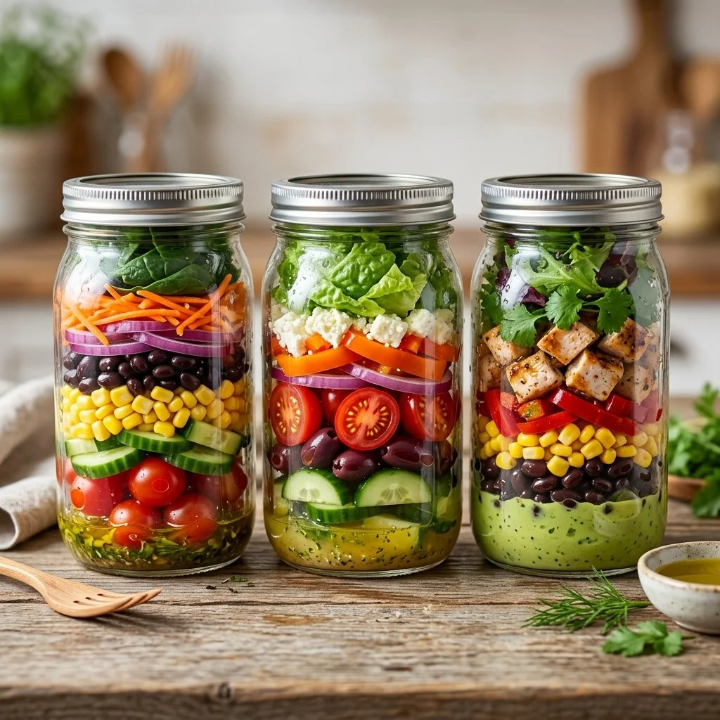 Colorful Mason Jar Salads with fresh ingredients ready for a healthy meal.