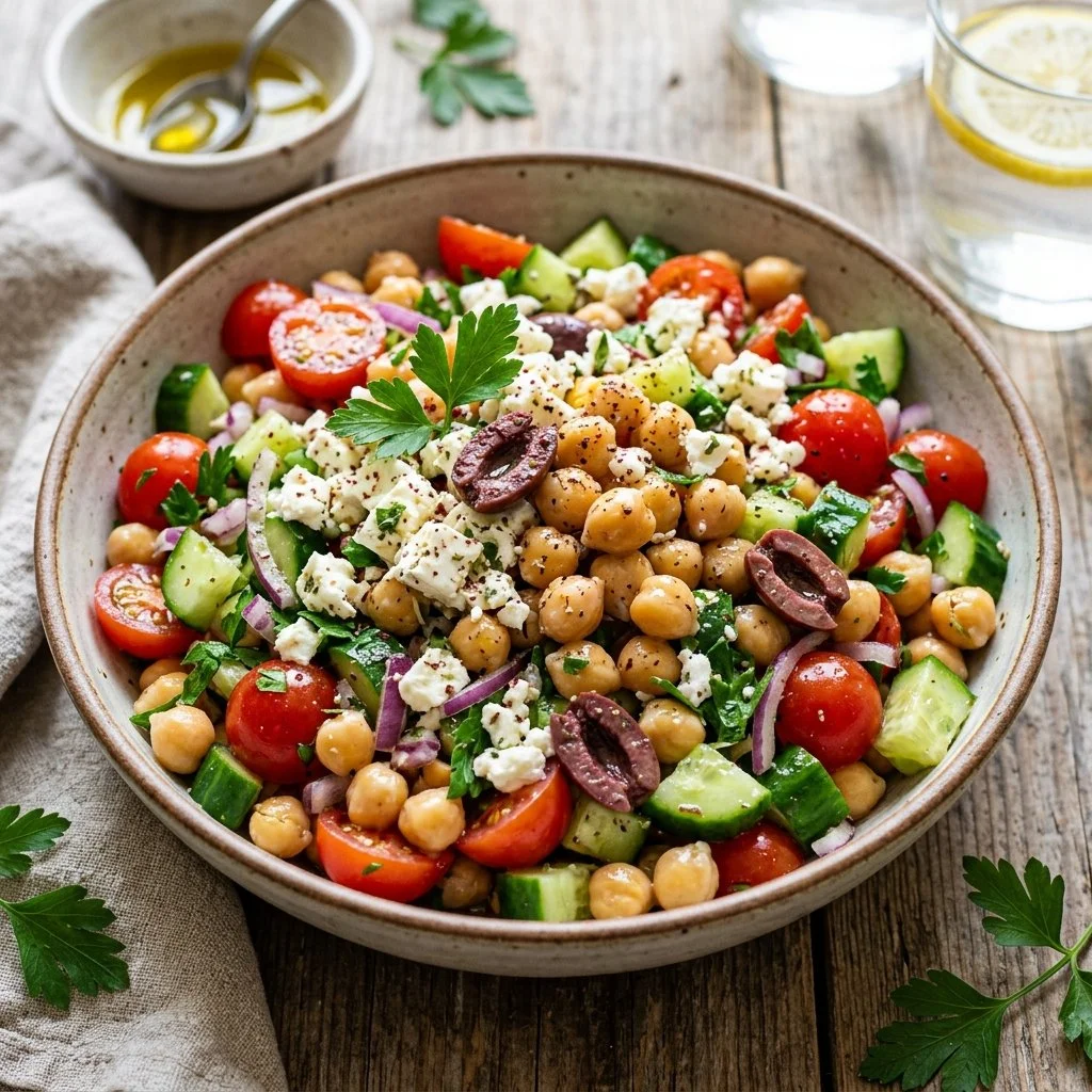 Mediterranean Chickpea Salad with vibrant vegetables and herbs