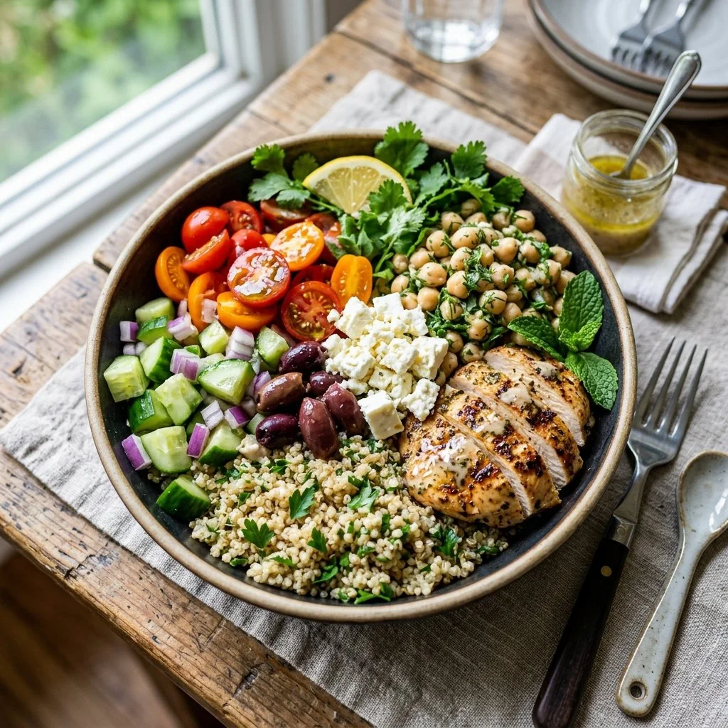 Mediterranean grain bowl with fresh vegetables, grains, and herbs.