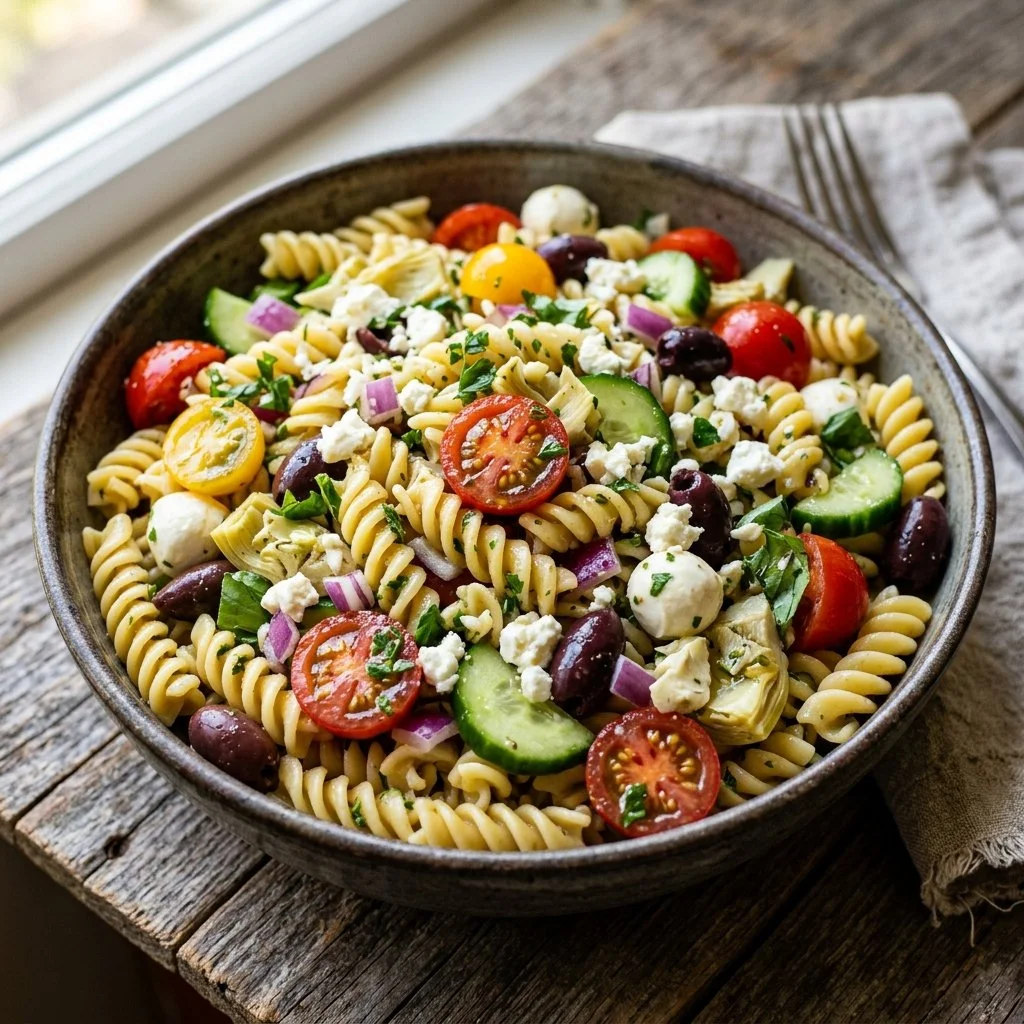 A colorful Mediterranean Pasta Salad with fresh veggies and herbs.