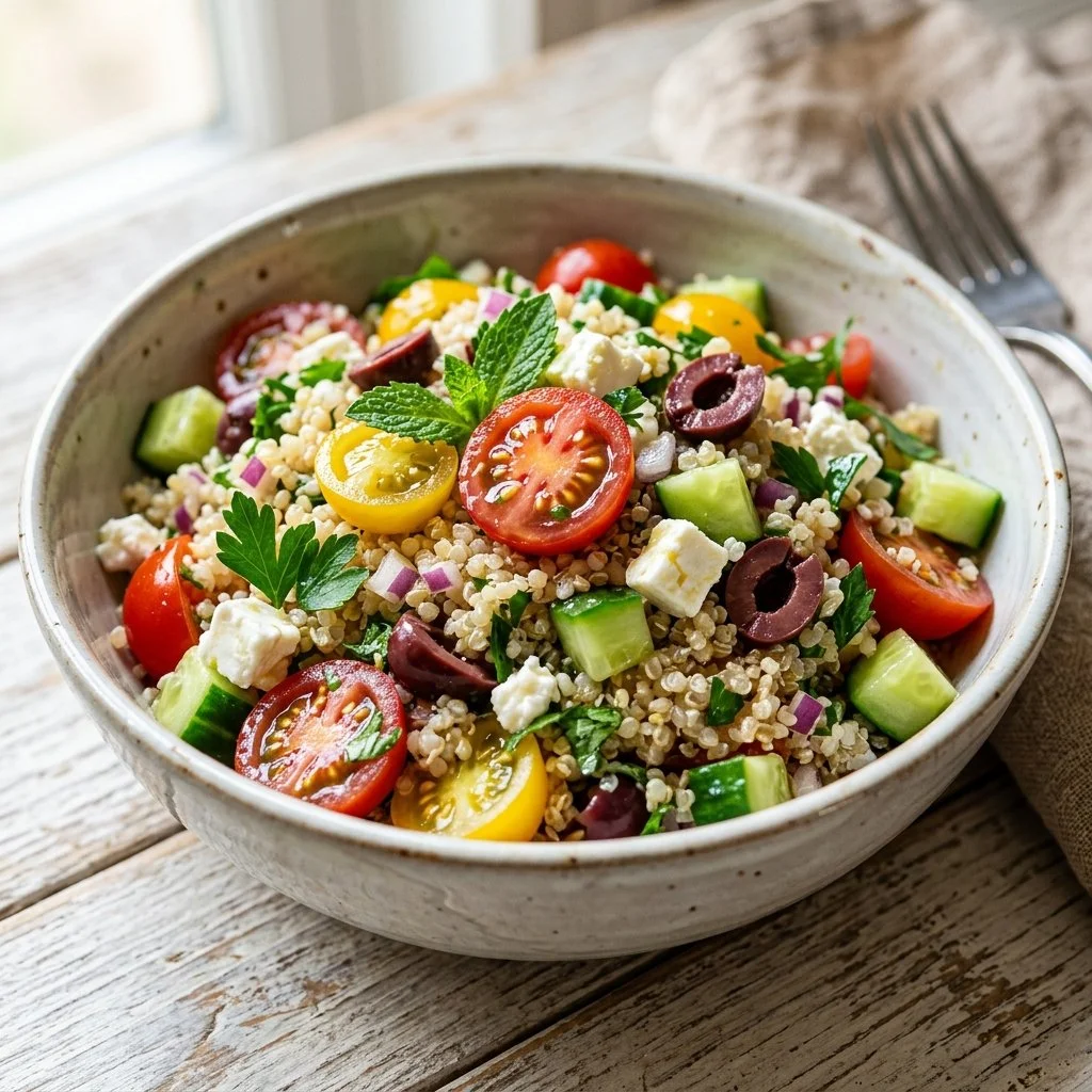Colorful Mediterranean Quinoa Salad with fresh vegetables and herbs.