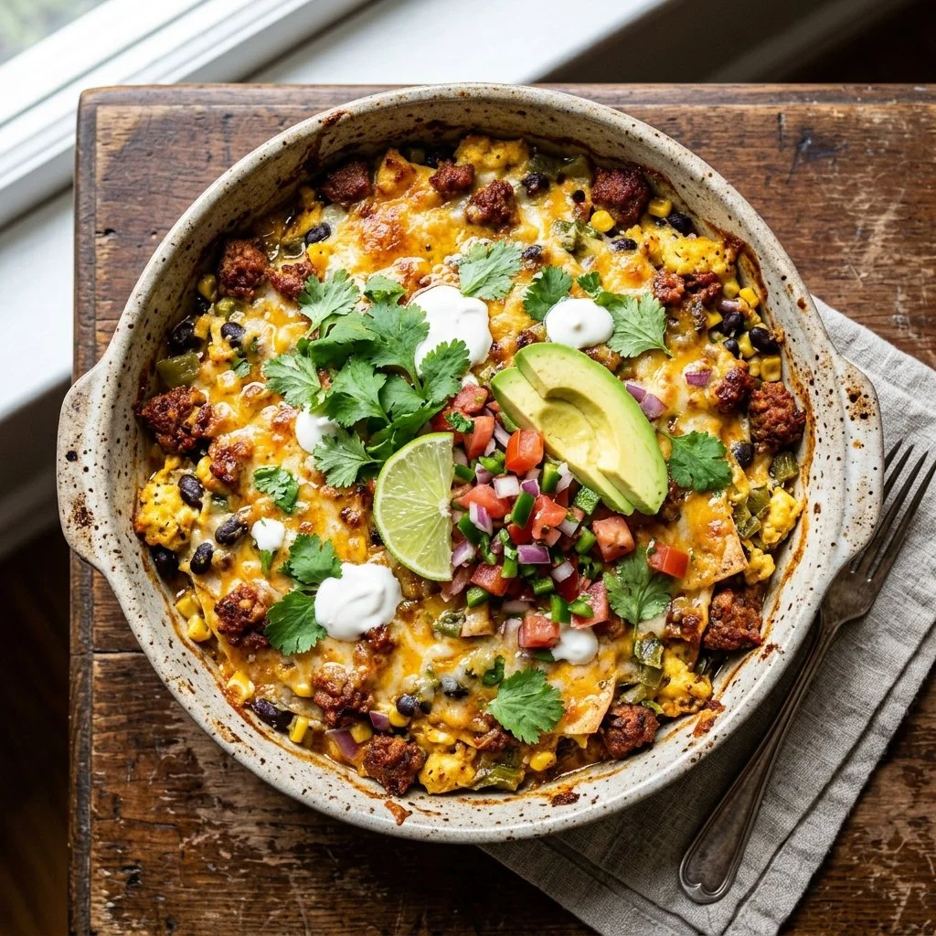 A delicious Mexican breakfast casserole served with fresh toppings and vibrant colors.