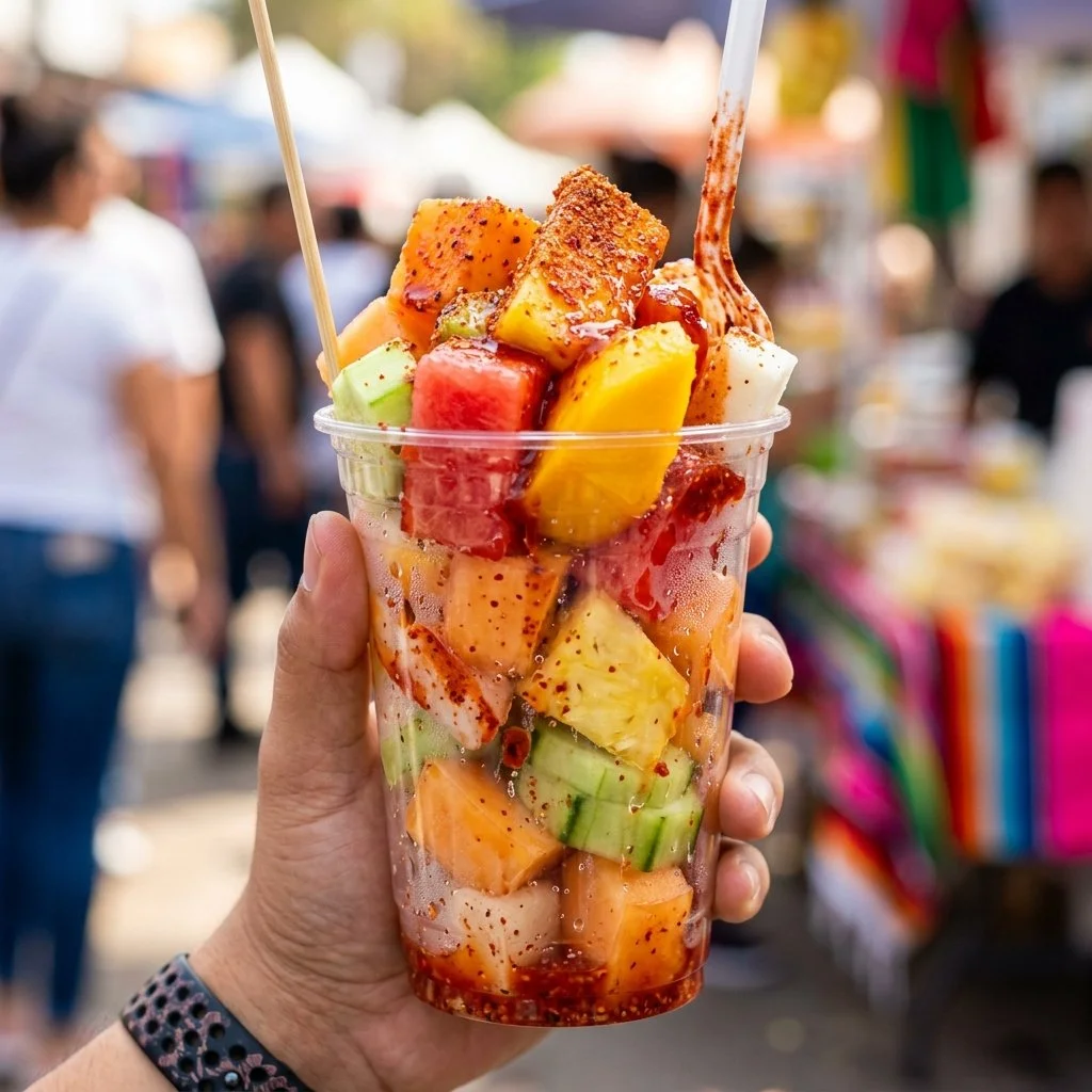 Colorful Mexican Fruit Cup with mixed fruits and spices