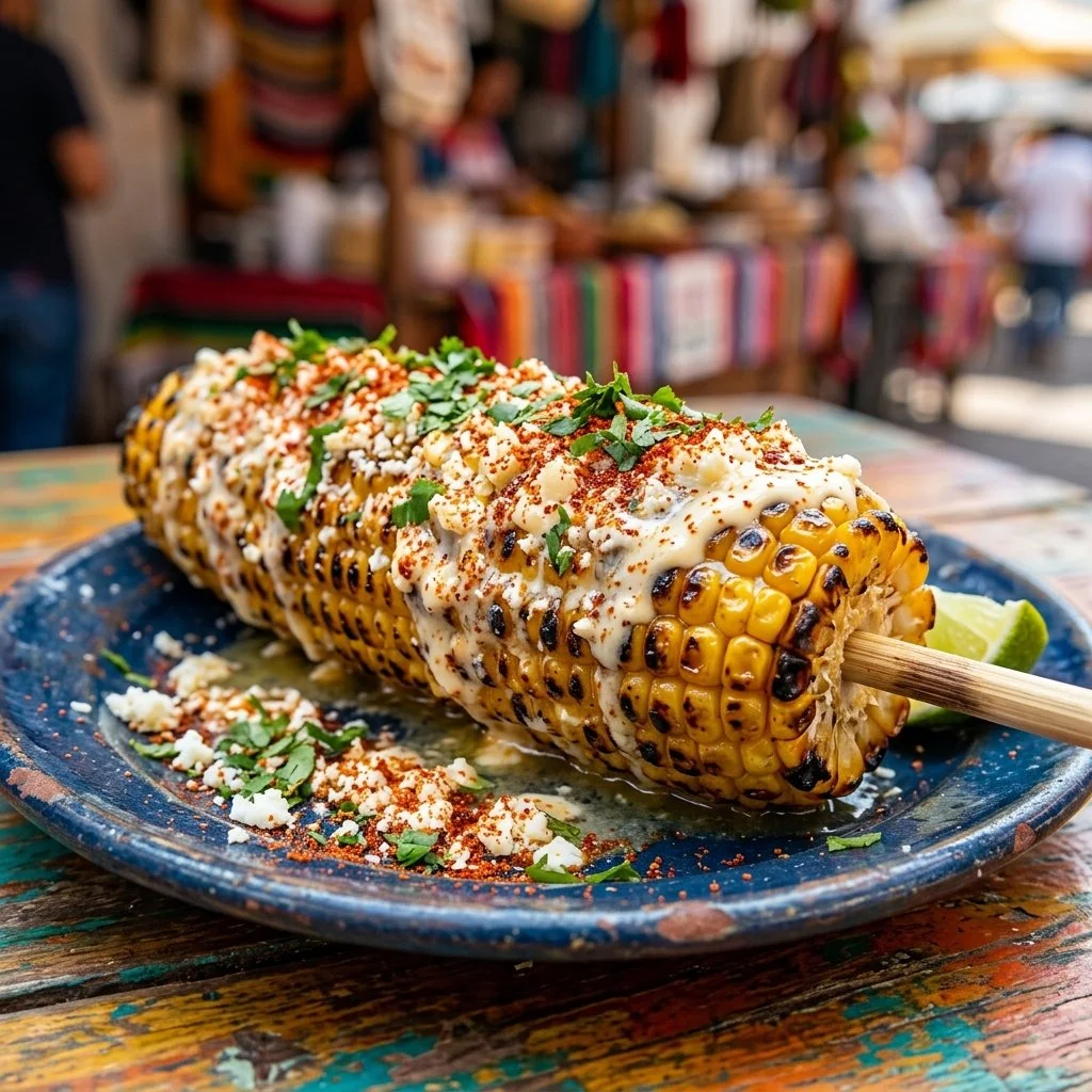 Delicious Mexican Street Corn topped with cheese, spices, and lime.