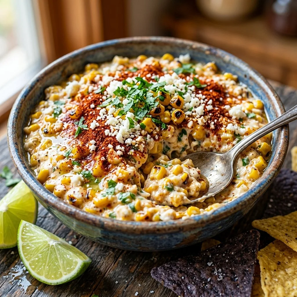 Deliciously creamy Mexican Street Corn Dip served in a bowl with toppings