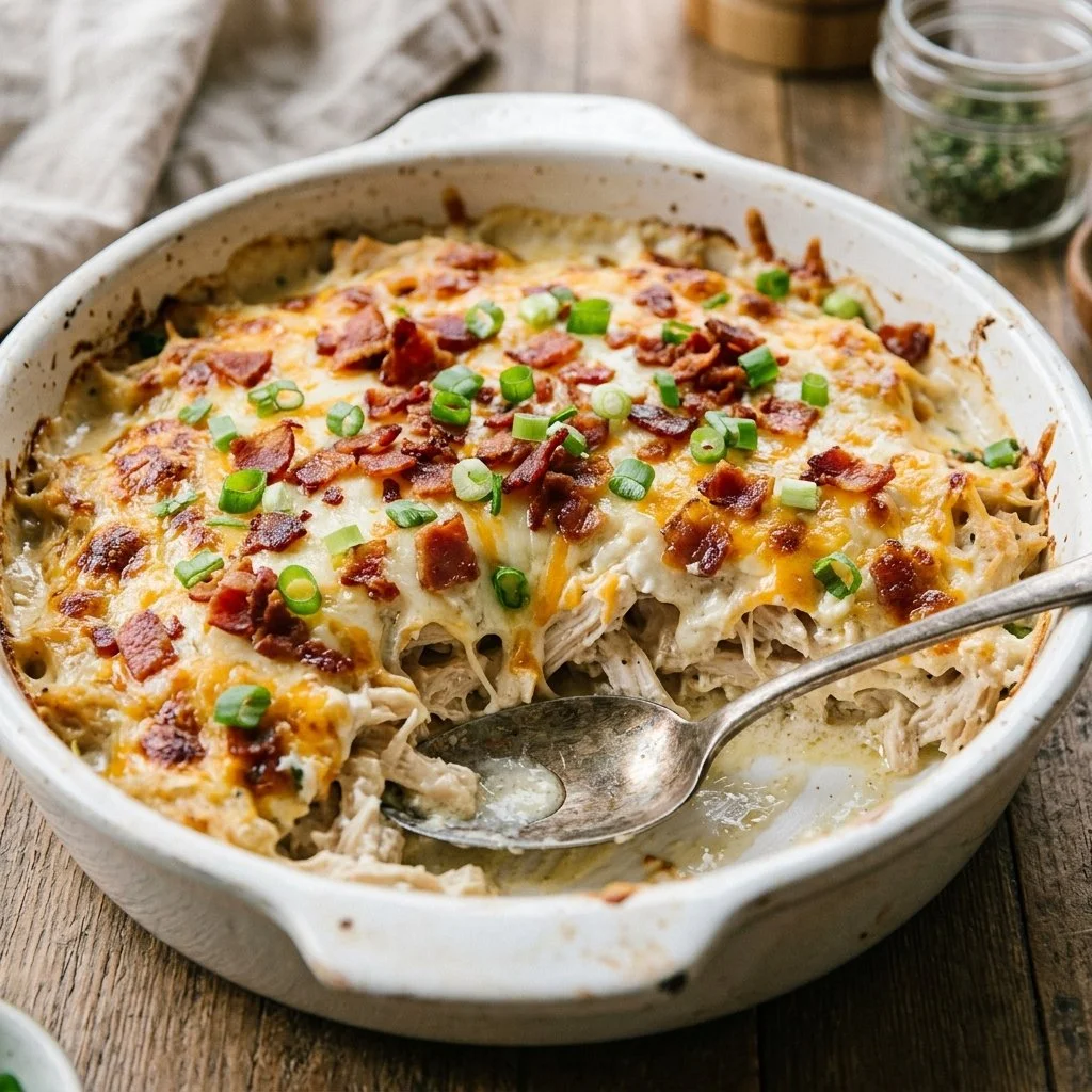 Delicious Million Dollar Chicken Bake topped with cheese and herbs.