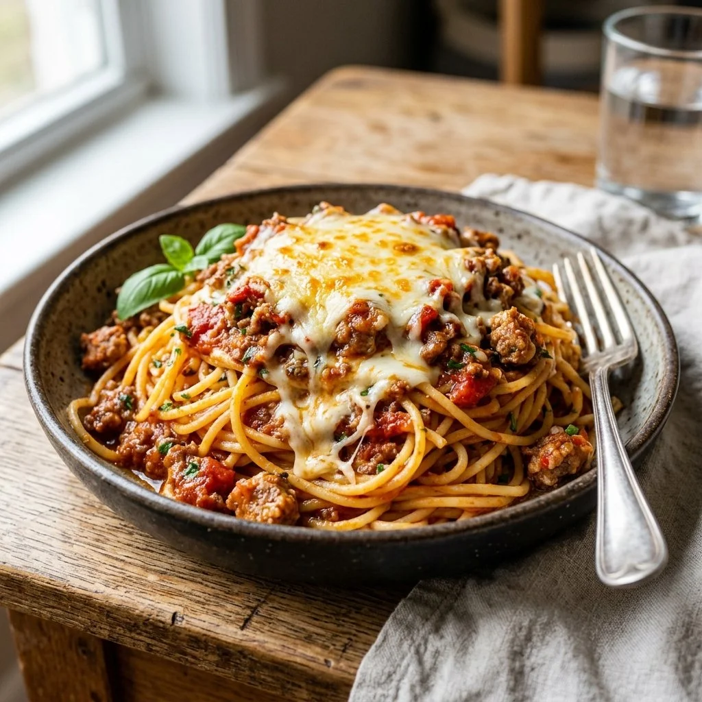 Plate of Million Dollar Spaghetti topped with cheese and herbs