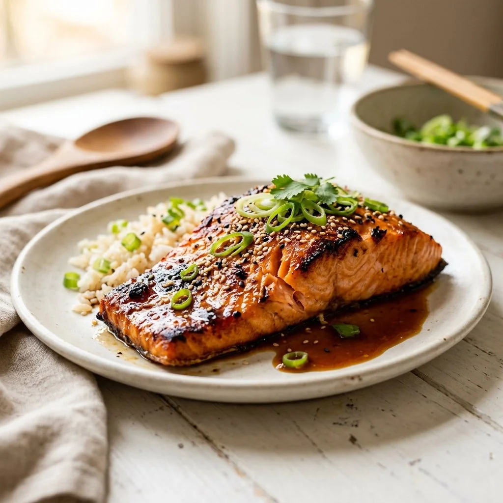 Delicious Miso Glazed Salmon served on a plate with garnish