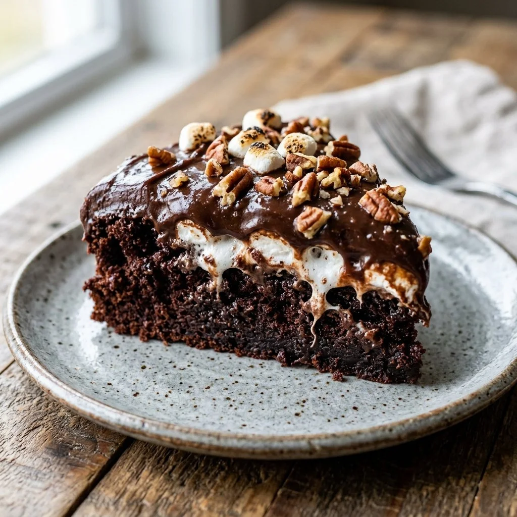 Deliciously rich Mississippi Mud Cake with chocolate frosting and pecans