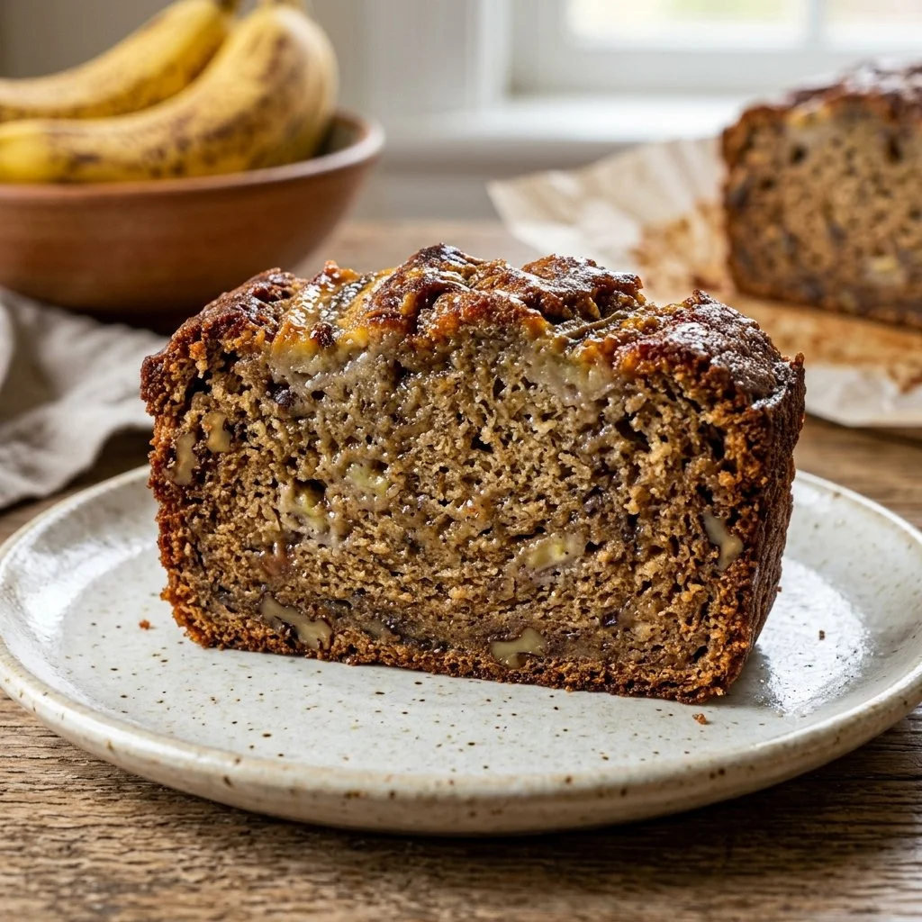 Freshly baked moist banana bread sliced on a wooden cutting board