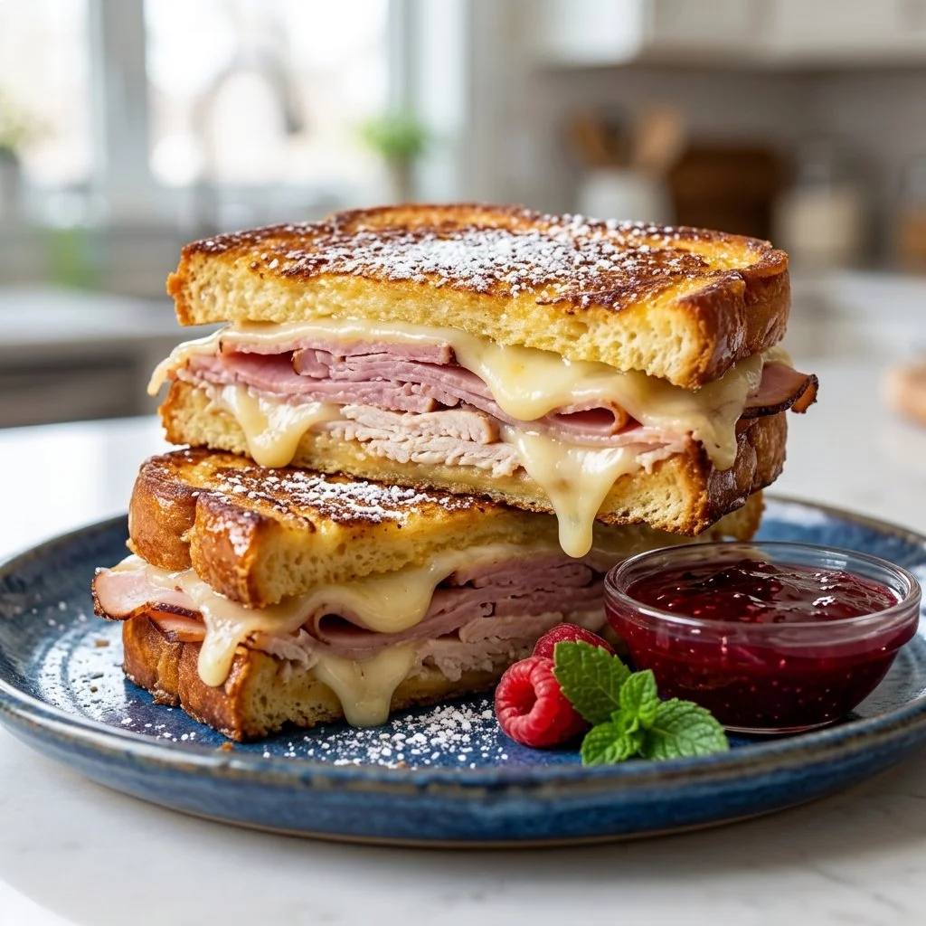 A delicious Monte Cristo Sandwich with ham, turkey, and cheese, served with powdered sugar and jam.